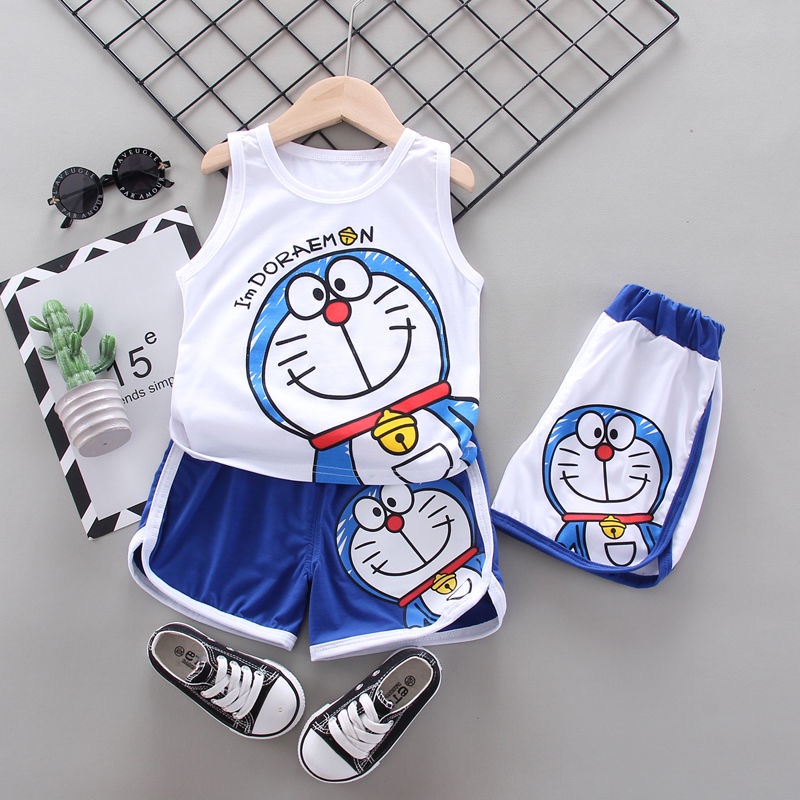 Set bộ đồ thun cộc tay hoạ tiết Doraemon cho bé trai & bé gái (Nặng 8-21kg, cao 80-120cm) N00876