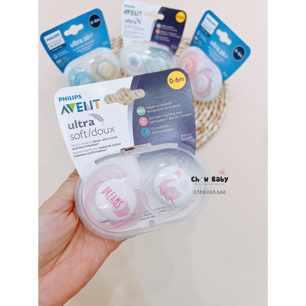 Ti giả Avent Ultra Air, Ultra Soft 0-6m chỉnh nha đầu dẹt ( Hộp 2c)