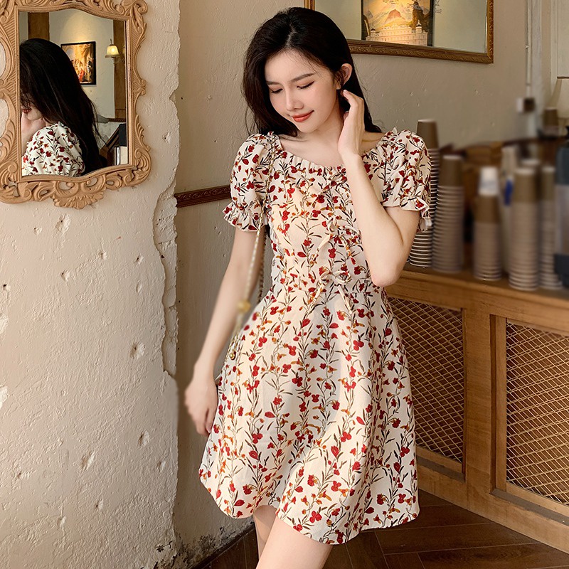 Đầm Tay Ngắn Chiết Eo In Hoa Phong Cách Hàn Quốc Xinh Xắn Cho Nữ