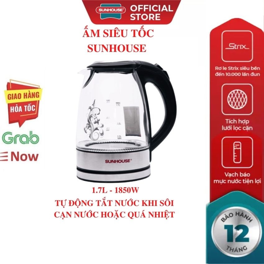 Ấm Siêu Tốc Thuỷ Tinh MAMA SUNHOUSE 1.7L Bình Đun Nước Sôi Tự Ngắt  Mới 100% Chính Hãng Bảo Hành Toàn Quốc