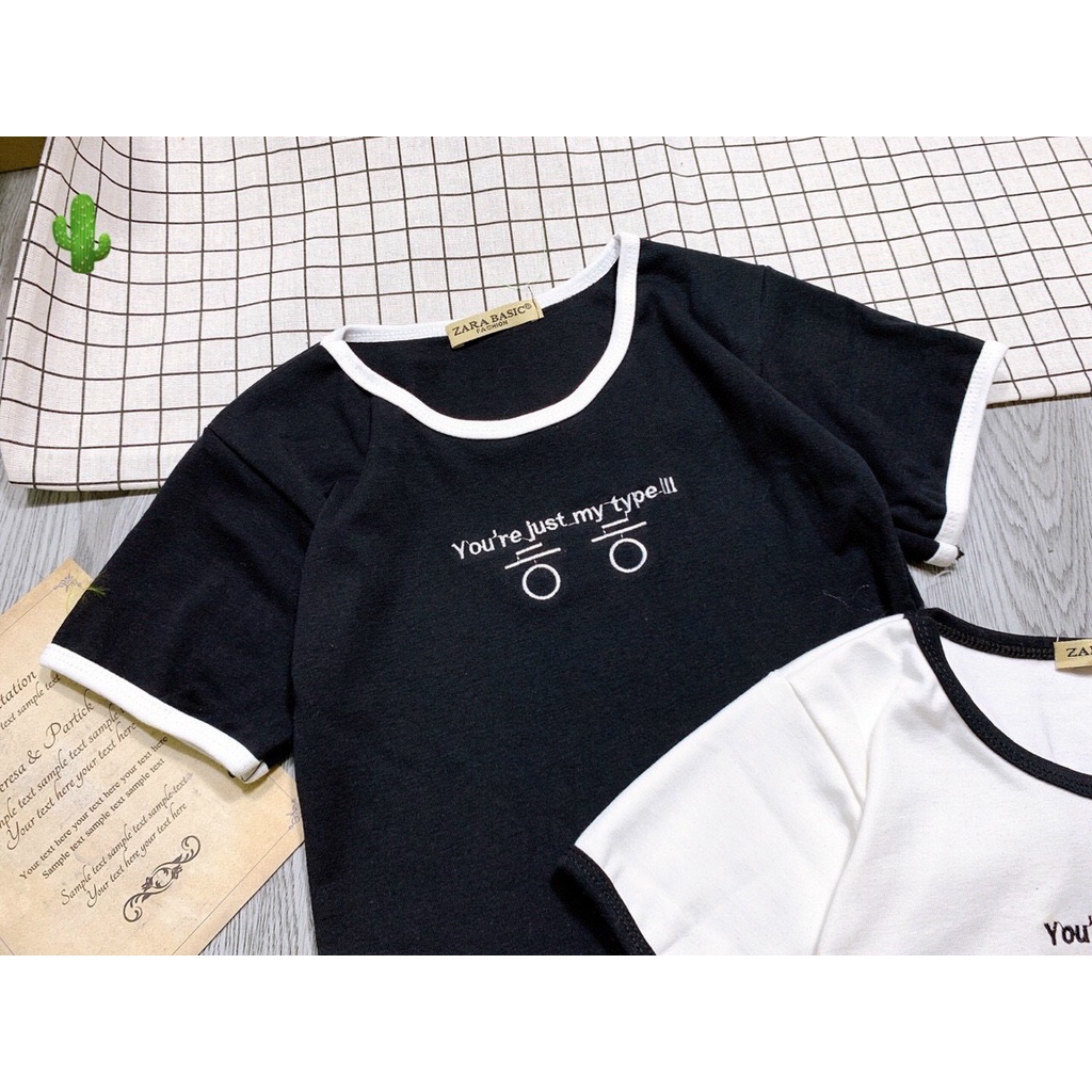 áo kiểu croptop viền màu thêu chữ Hàn xinh pc