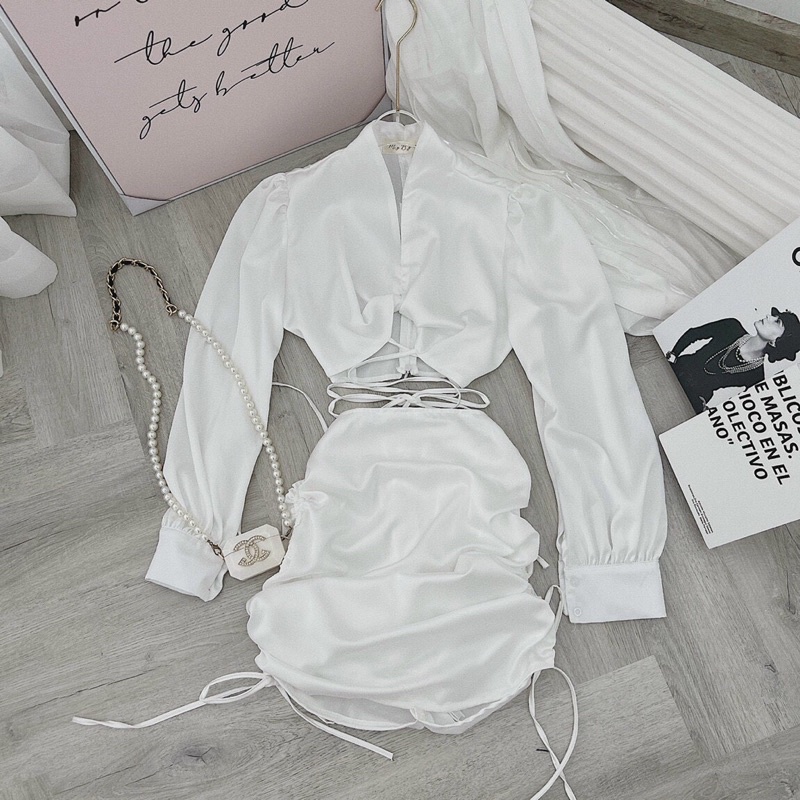 SÉT ÁO KIỂU CROP DÂY ĐAN EO +CHÂN VÁY NHÚN RÚT 2 BÊN