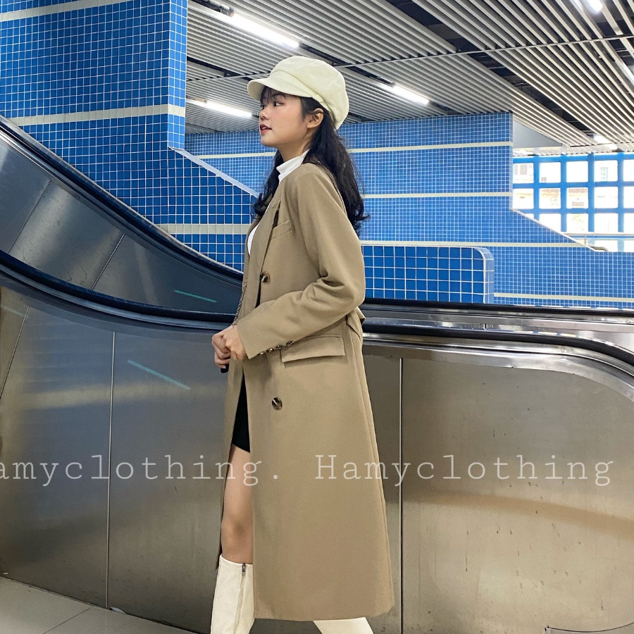 Áo mangto dáng dài lửng Hamy A-33 đai lưng hai lớp màu đen be nâu