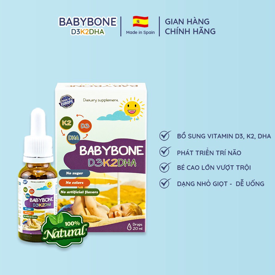 ✔️️️(Tặng quà) Babybone D3k2DHA - hỗ trợ hấp thu Canxi tối đa - Trẻ cao lớn, thông minh hơn (Lọ 20ml)