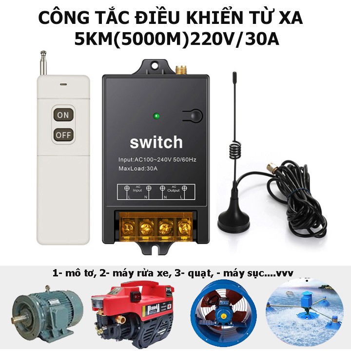 Công tắc điều khiển từ xa 5Km(5000m)/220V 30A có học lệnh tần số 433MHZ điều khiển máy bơm nước máy rửa xa