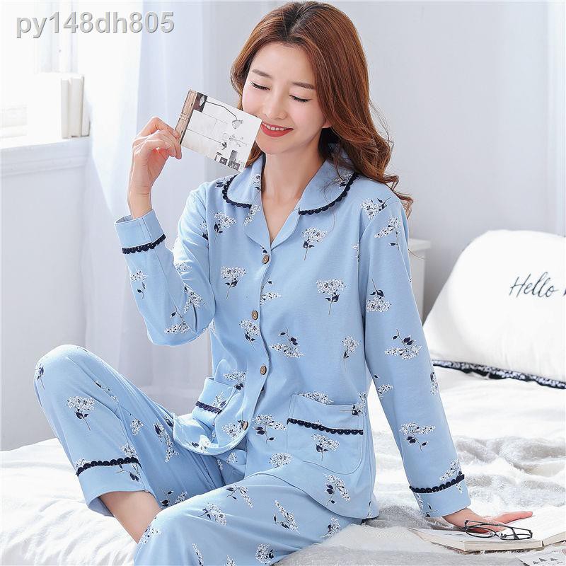 ₪Bộ đồ ngủ cotton cao cấp nữ xuân hè thu đông mặc nhà, bà mẹ trung niên, cardigan thu đông plus size bộ đồ nữ