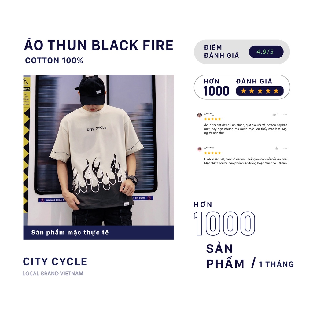 Áo thun local brand Black Fires City Cycle in lửa oversize nam nữ form rộng