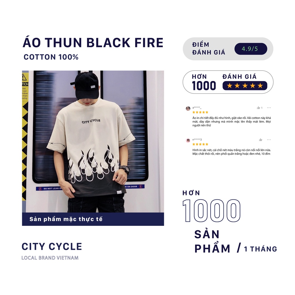 [Mã FADEP0610 giảm 10k đơn 99k] Áo thun local brand Black Fires City Cycle in lửa oversize nam nữ form rộng