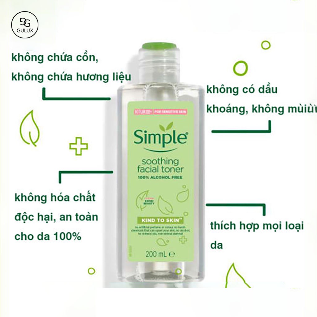 Nước hoa hồng không cồn dưỡng ẩm cho da nhạy cảm Simple Kind To Skin Soothing Facial Toner 200ml