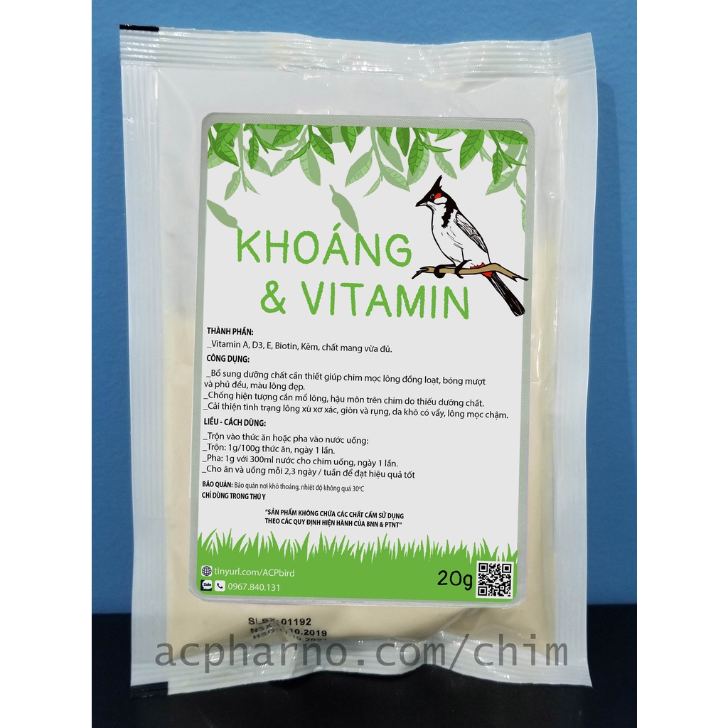 Khoáng chất và Vitamin Dành Cho Chim Cảnh 20g - Cu gáy, chào mào, khướu, vẹt, chích chòe, họa mi, săn mồi - Mượt lông