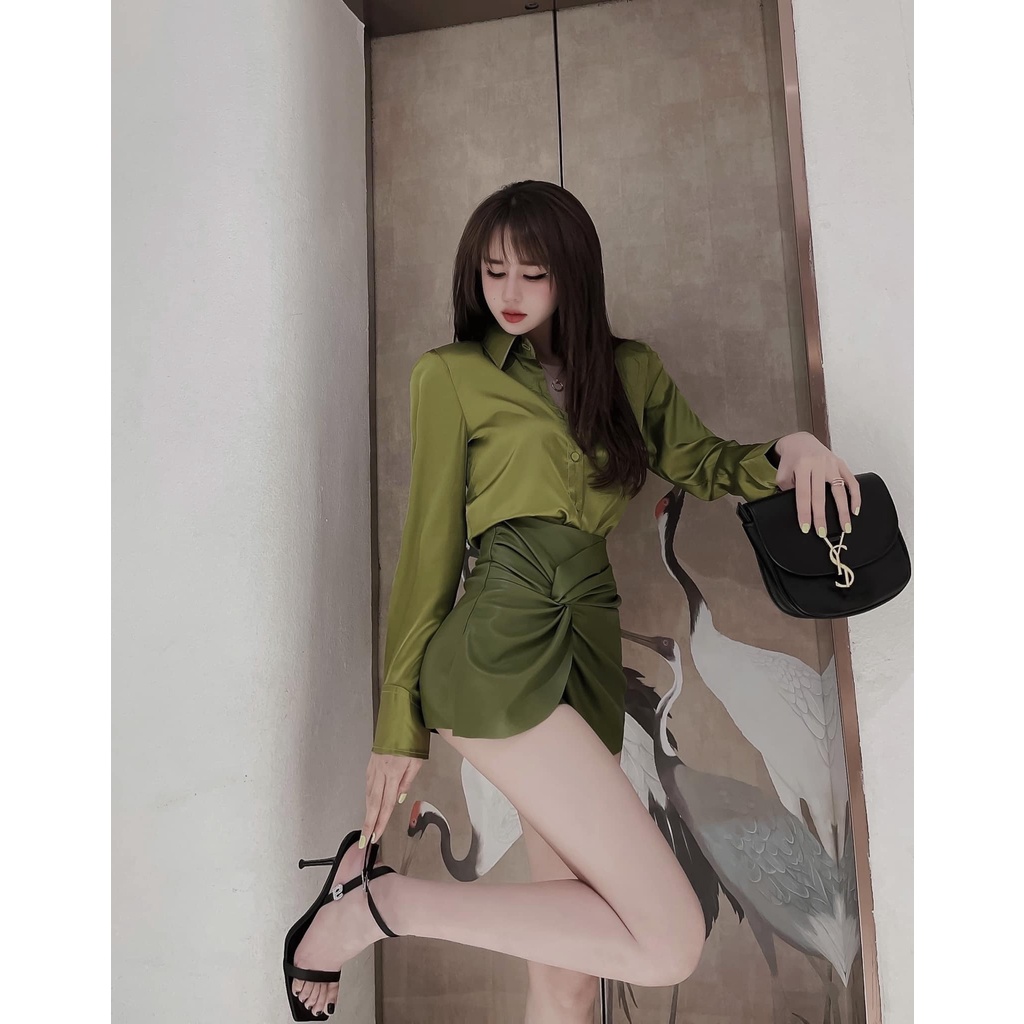 Chân váy da xanh rêu cao cấp