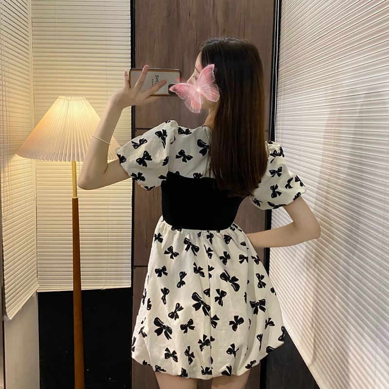 AMOI Đầm Tay Ngắn Dáng Ôm Chiết Eo Phong Cách Pháp Thời Trang Xinh Xắn Cho Nữ 2022