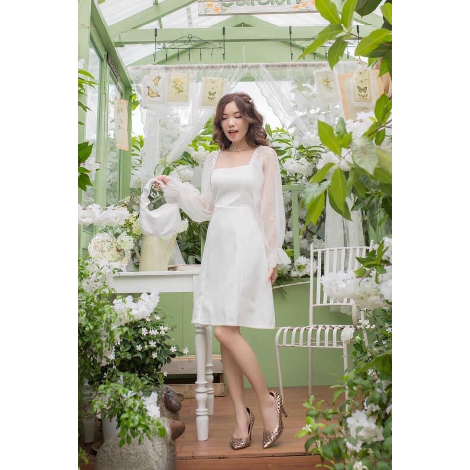 Đầm trắng/đen dự tiệc cổ vuông tay dài phồng dáng xoè | BigBuy360 - bigbuy360.vn