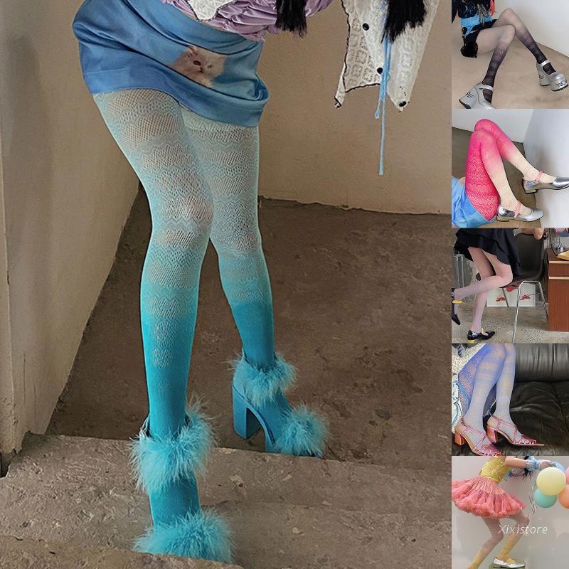 Xixi Quần Tất Lưới Kẻ Sọc Màu Gradient Phong Cách Lolita Cá Tính Cho Nữ