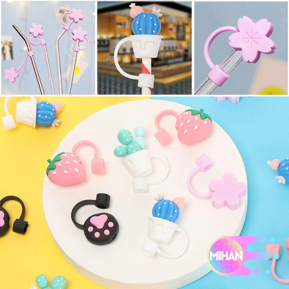 1 nắp đậy ống hút silicon chống bụi chống văng họa tiết hoạt hình dễ thương có thể tái sử dụng