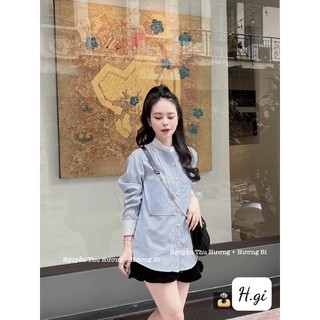 Áo sơmi cổ tàu thêu celin kẻ xanh