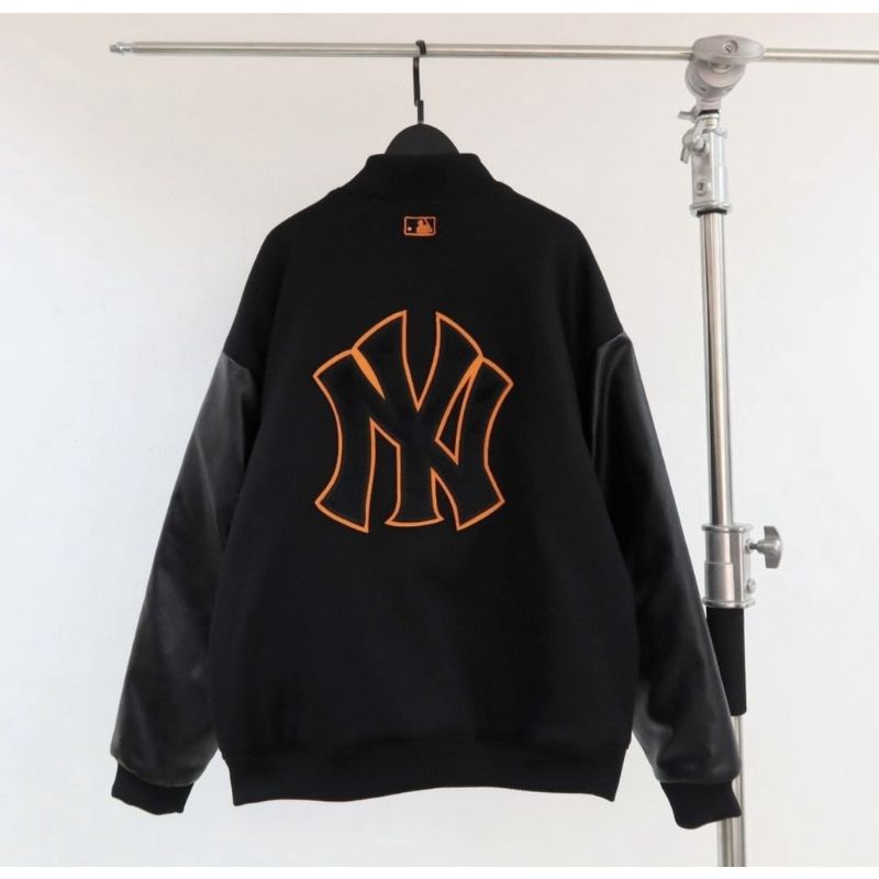 0Áo varsity jacket M.L.B NY dạ dày dặn phối tay da,Áo bomber dạ form rộng nam