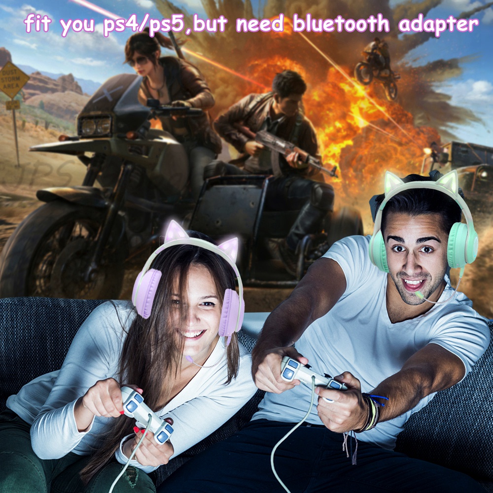 Tai Nghe Chụp Tai Bluetooth Không Dây Hình Tai Mèo Màu Hồng Có Mic Điều Khiển Ánh Sáng RGB Cho Điện Thoại / Máy Tính