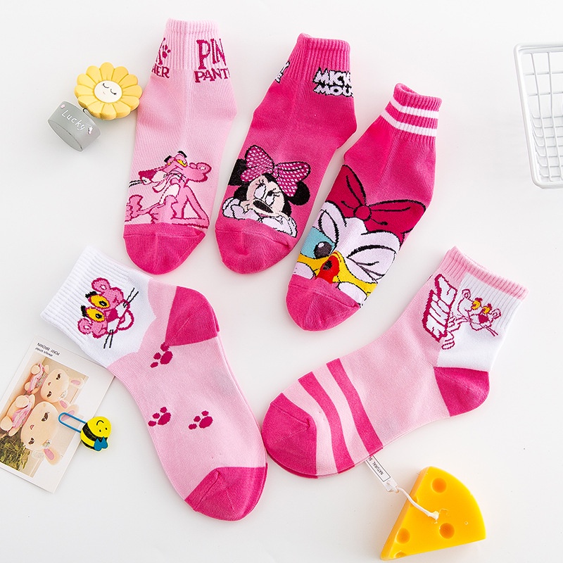 DISNEY Bộ 5 Đôi Vớ Cotton Chống Trượt In Hình Chuột Mickey Minnie Dễ Thương Cho Bé Gái