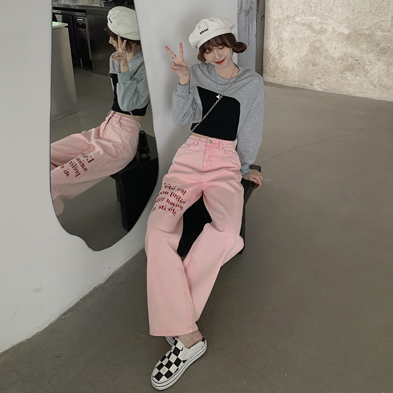 Quần Jeans ống đứng Xiaozhainv thêu họa tiết chữ thời trang Hàn Quốc cá tính