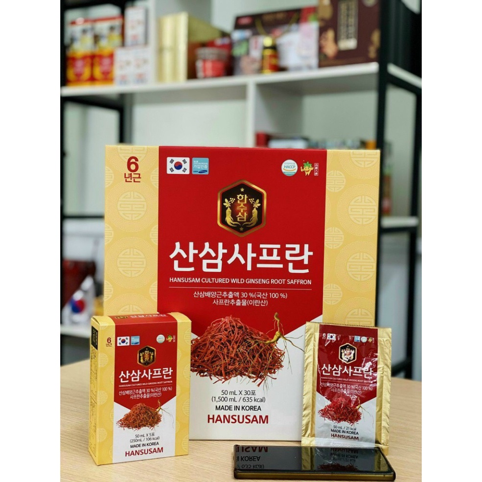 Nước Hồng Sâm Nhụy Hoa Nghệ Tây Korean Red Ginseng Saffron Hansusam Hàn Quốc Hộp 30 Gói X 50ml