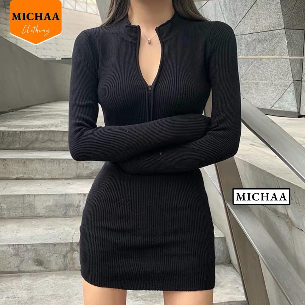 Váy Body PHỐI KHÓA KÉO Trước Cổ Chữ V, Đầm Ôm Thun Gân Kiểu Dài Tay - MICHAA