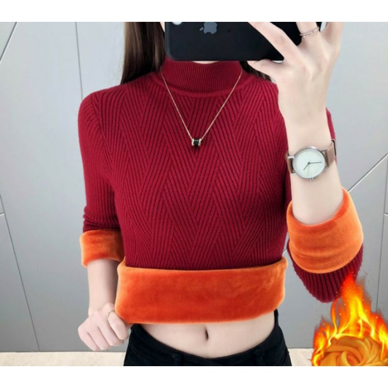 Áo len lót lông cổ 3p mềm ấm ôm body Nữ