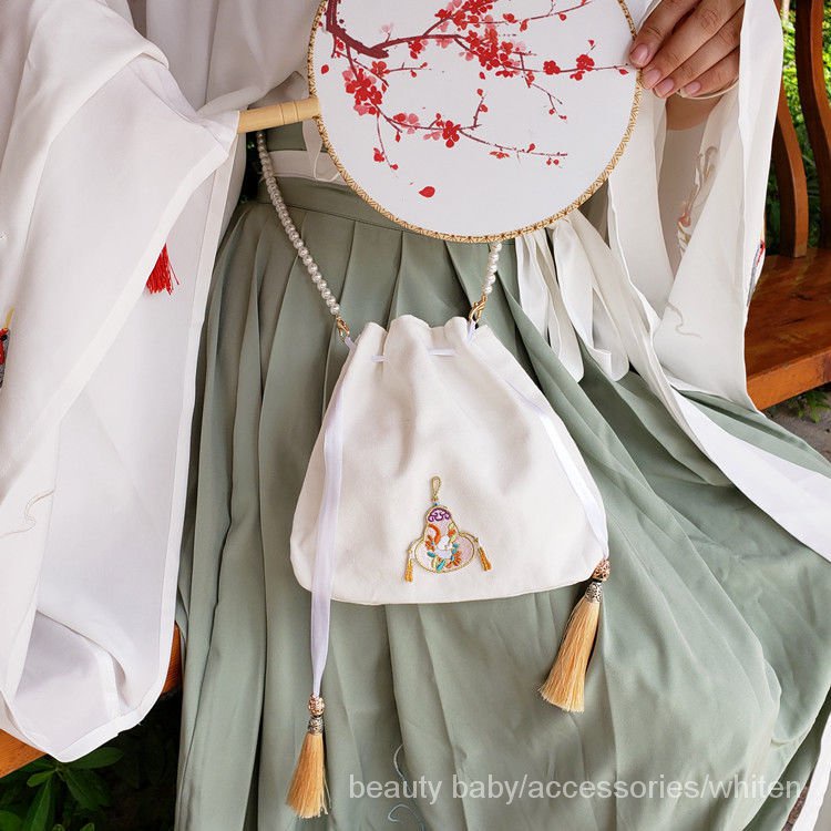 Túi đeo chéo thêu họa tiết phong cách Trung Hoa cổ điển thiết kế dây rút thời trang cho nữ
