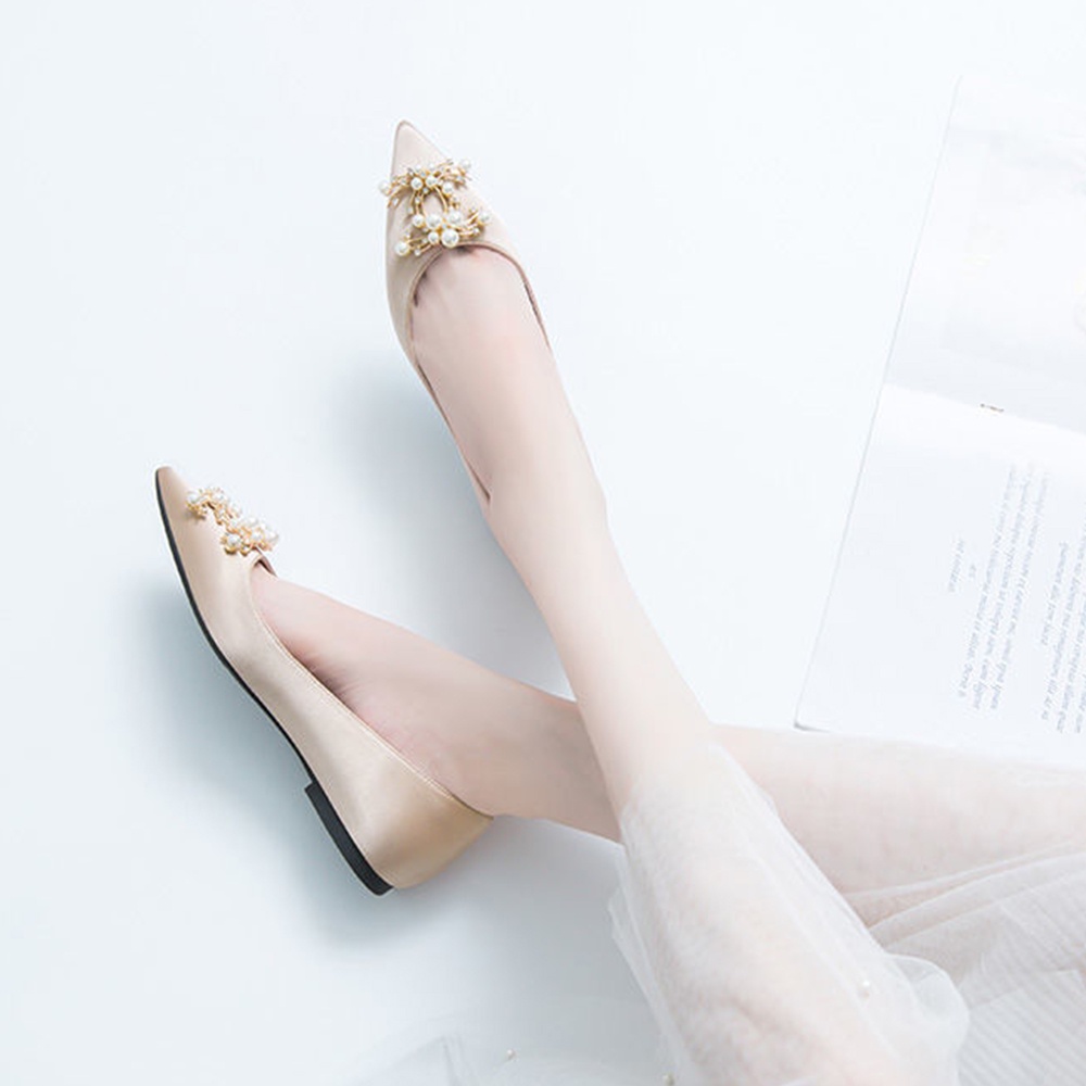 Giày Búp Bê Mũi Nhọn Đính Ngọc Trai Giả Plus Size 34-44 Thời Trang Đám Cưới