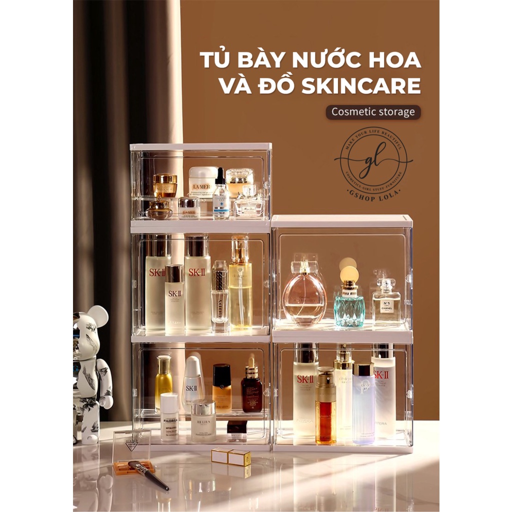 Tủ bày nước hoa và đồ skincare khung nhựa có thanh chia tầng bày được 10 - 25 chai tùy size, chống bụi tiện lợi
