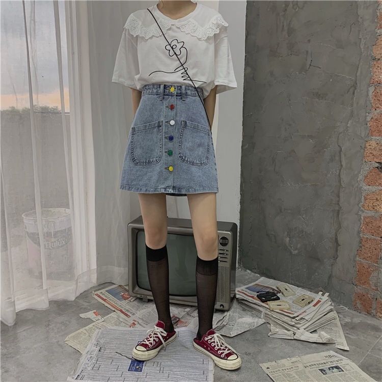 Chân váy denim lưng cao dáng chữ A phong cách Hàn Quốc thời trang mùa hè 2020 cho nữ sinh váy chân váy chữ a váy chữ a chân váy chữ a