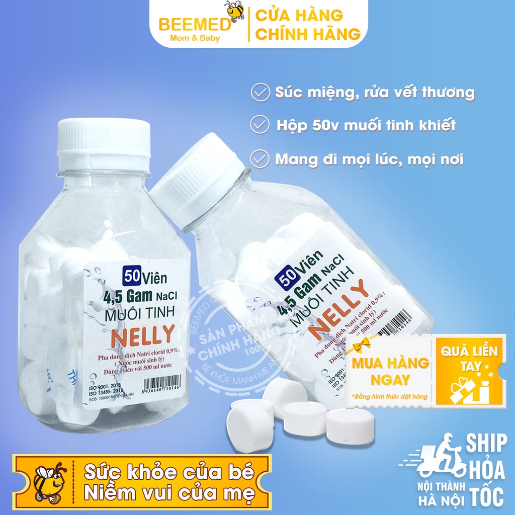 Muối viên tinh khiết NELLY - Hộp 50 viên muối sinh lý An phú, tự pha dùng súc miệng, vết thương, rửa mũi, sát khuẩn