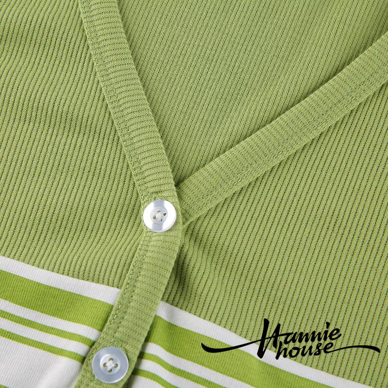 Áo croptop dệt kim tay ngắn cổ V cài nút in hình hoa quyến rũ cho nữ