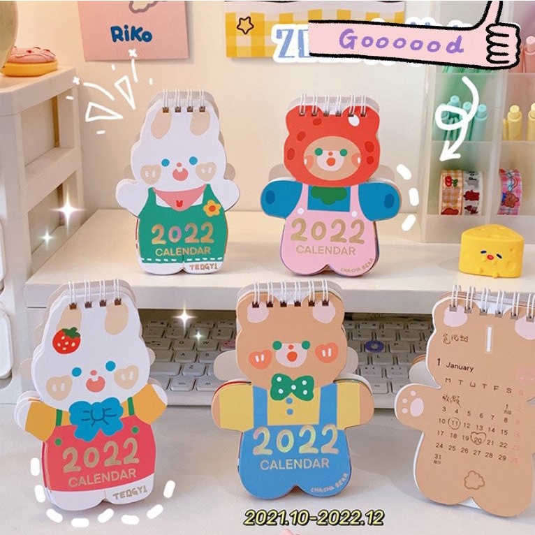 Lịch mini 2022 để bàn dễ thương kèm note ghi chú hình gấu thỏ mặc áo cute decor góc học tập bàn làm việc đẹp rẻ