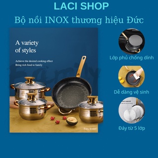 Bộ nồi inox đức đáy từ Yimeitai gồm 6 món, 5 đáy, chống dính công nghệ Đức