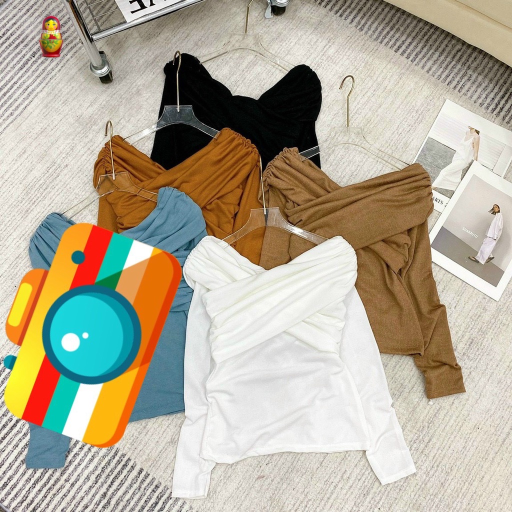 Áo kiểu nữ đắp chéo trễ vai tay dài chất thun bozip hot