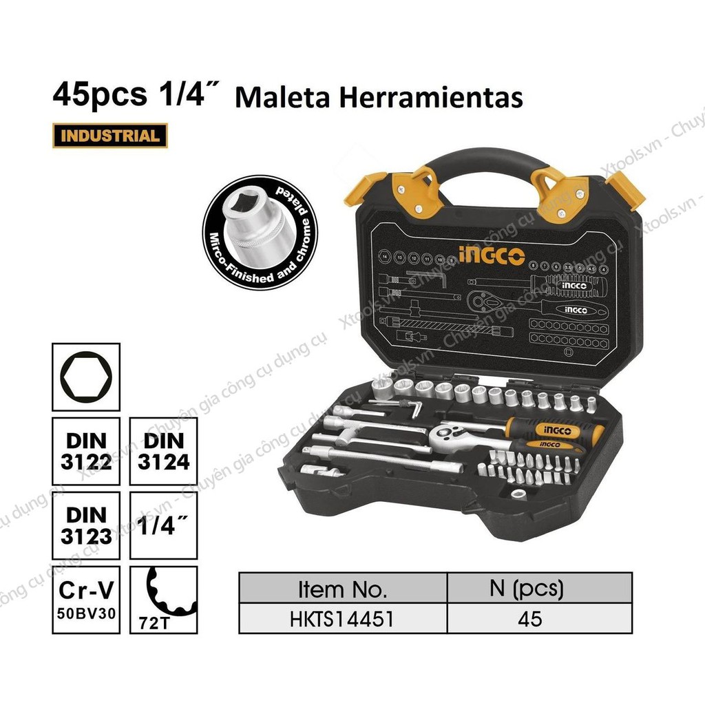 Bộ đồ nghề đa năng, bộ dụng cụ sửa xe INGCO HKTS14451, cần siết lực 140mm, tua vít, đầu tuýp thanh nối thép CRV chống rỉ