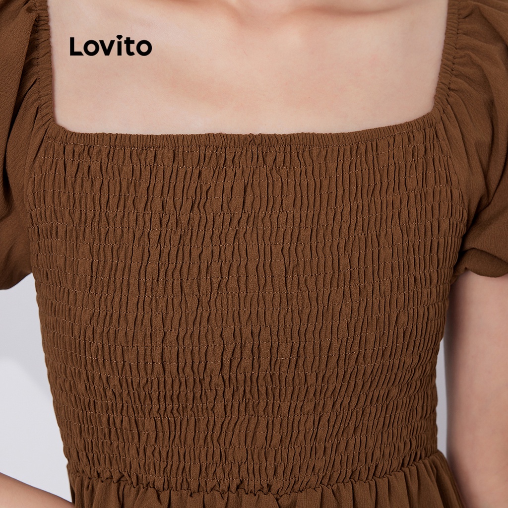 Đầm Lovito chữ A tay phồng may nhún chun màu trơn thường ngày L29ED022 (màu nâu mocha)