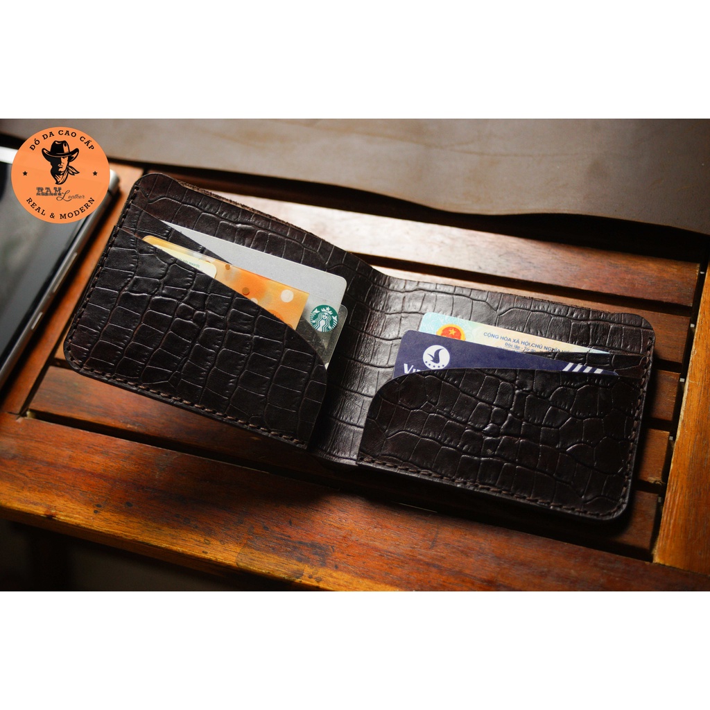 Ví nam Da Bò Ram Leather Simple Vân Cá Sấu Màu Nâu Đậm