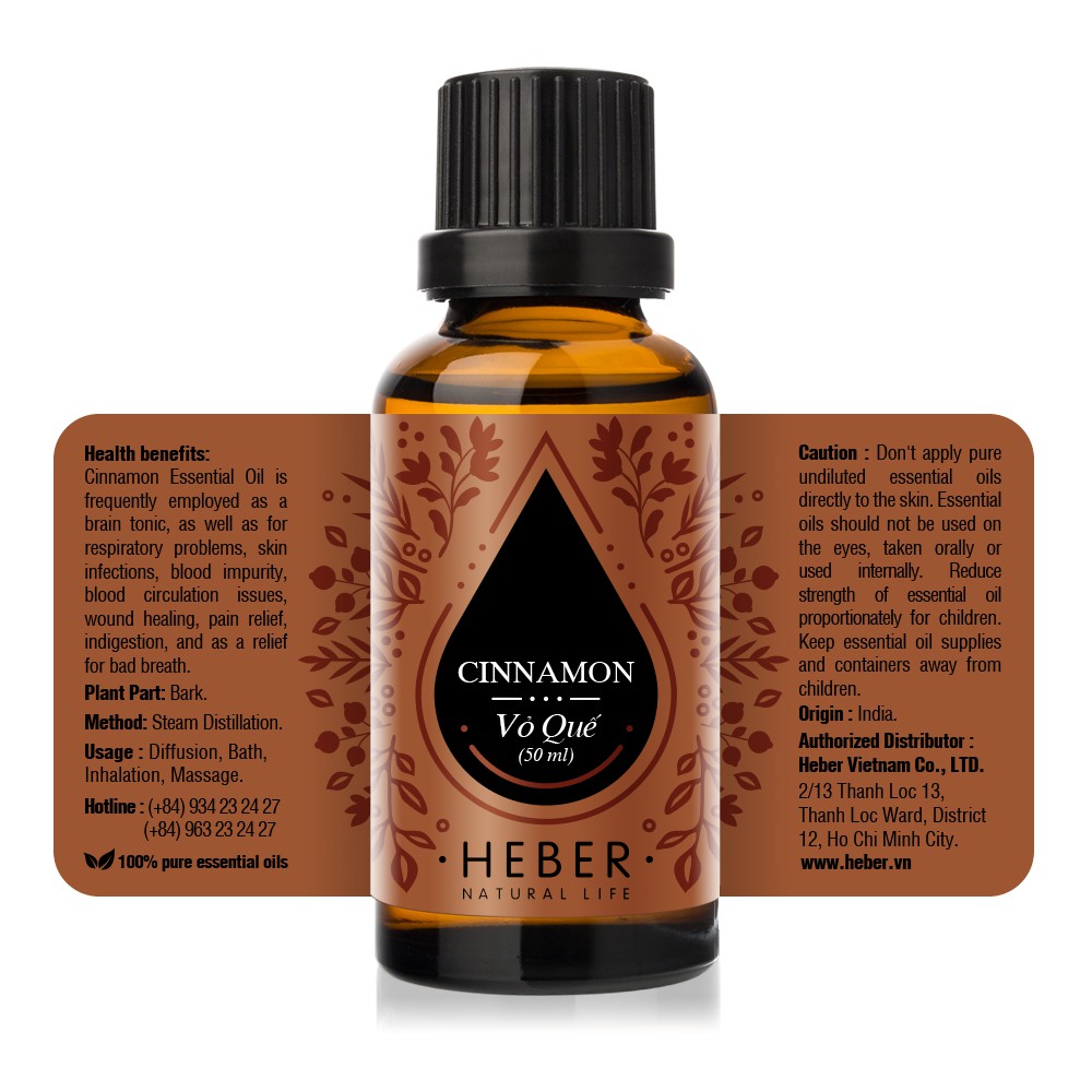 Tinh Dầu Vỏ Quế Cinnamon Heber Natural Life, Cao Cấp Nhập Khẩu, Thiên Nhiên Nguyên Chất, Chai 10ml/30ml/50ml