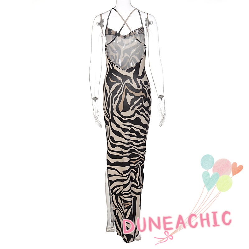 DUNEA Đầm dây kẻ sọc xẻ tà hở lưng thời trang gợi cảm cho nữ