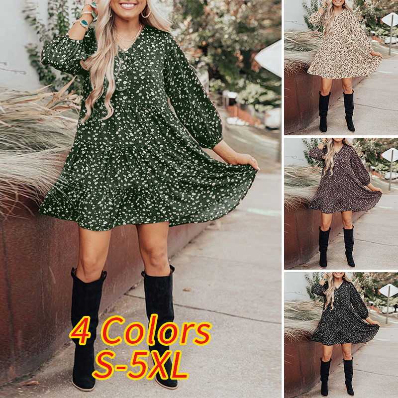 ZANZEA Women's Casual Fashion V-Neck Doll Floral Mid-Length Dress