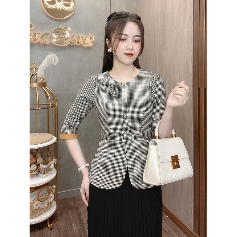 Áo sơ mi công sở nữ cổ bẻ cài nơ họa tiết kẻ chéo ngắn tay áo sơ mi nữ Eva Clothes
