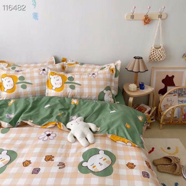 Bộ Chăn Ga Gối Gấu Con Ngủ Gật Cotton Poly