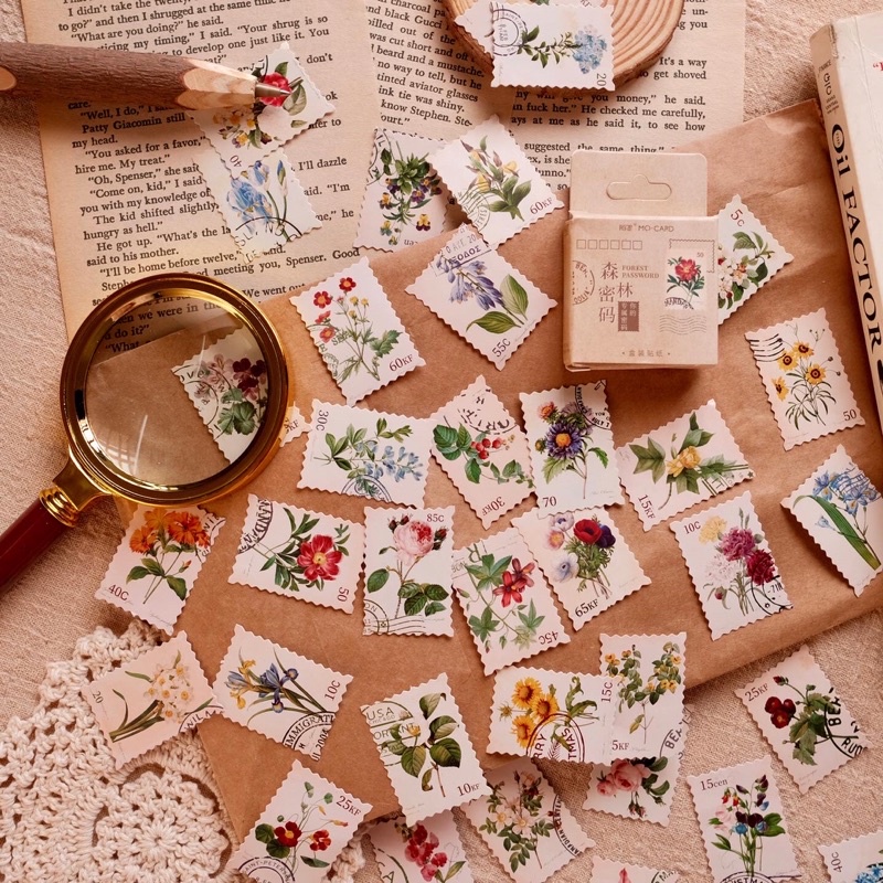 Hộp 46 sticker hoa vintage, tem thư, nhãn dán trang trí