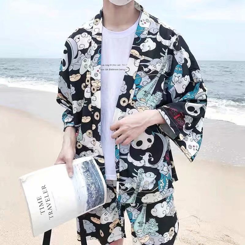 Áo Khoác Kimono In Hình Gấu Trúc Phong Cách Vintage Cho Nam