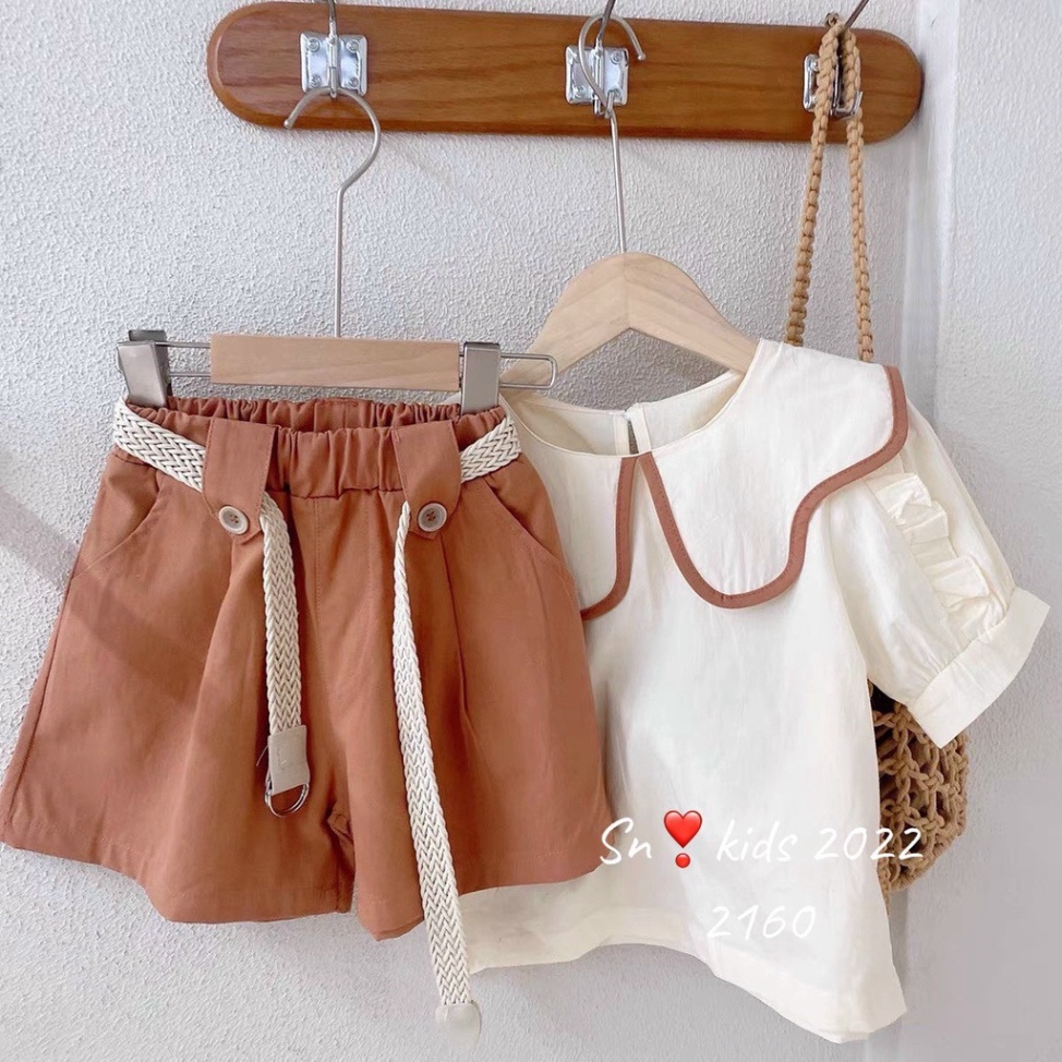Sét đồ bé gái kiểu dáng vintage, set áo kem cổ viền lượn sóng kèm quần nâu phong cách Hàn Quốc size bé 10-30kg