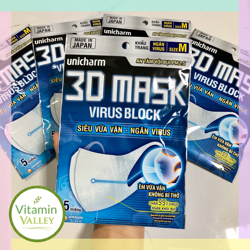 (CHÍNH HÃNG - GÓI 5 CÁI) Khẩu Trang Unicharm 3D Mask Virus Block Ngăn Vi Rút