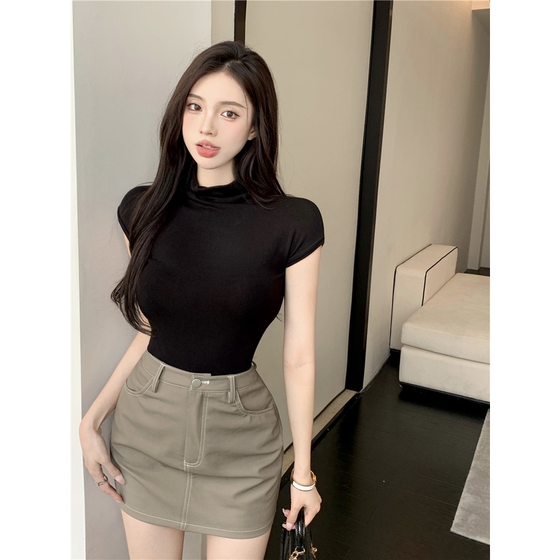 Áo Thun Nữ Ngắn Tay Cổ Cao Thời Trang Hàn