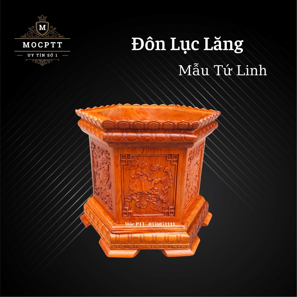 Đôn lục lăng gỗ hương đá triện Tứ Linh kích thước mặt 30 cao 30 cm trang trí nhà cửa